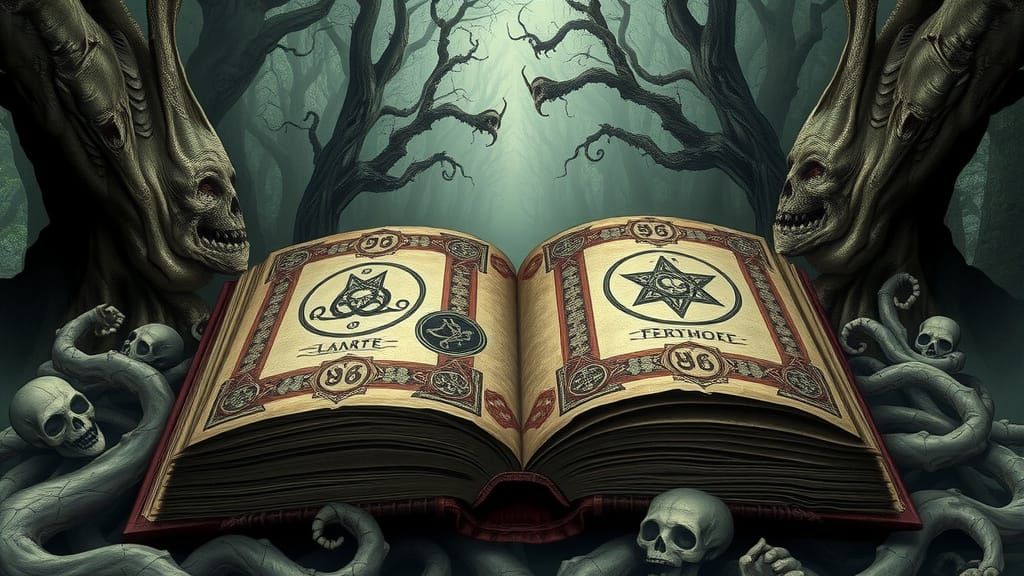 Ancient Grimoire Blurs with Haunted Forest in Dark Fantasy