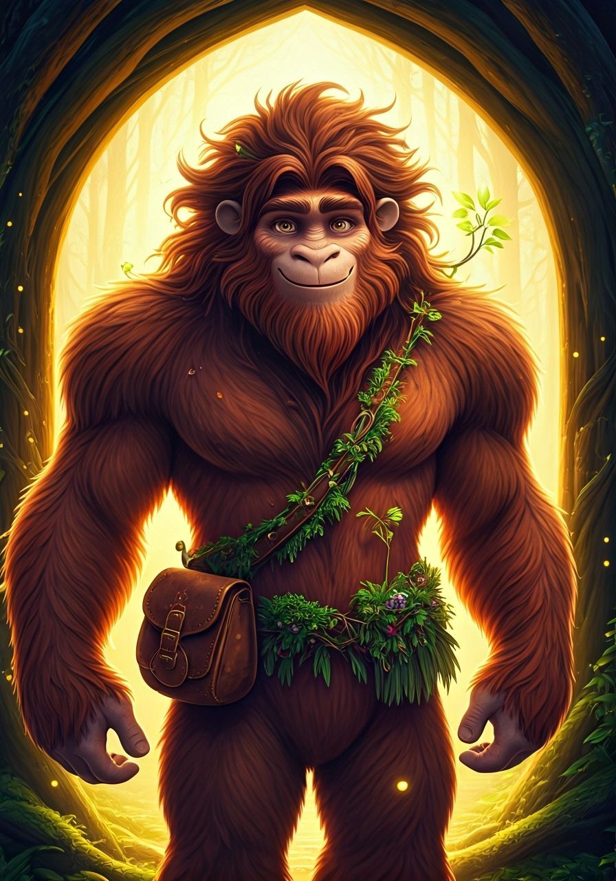 Handsome Sasquatch Offers Sapling in Glowing Forest
