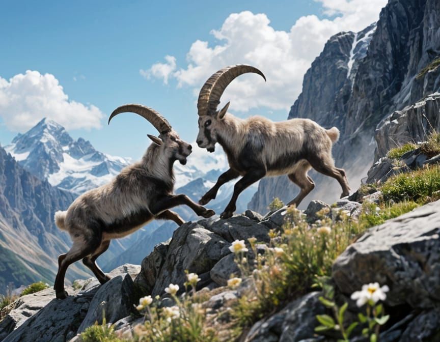 Mountain Goats Fighting on Rugged Peaks