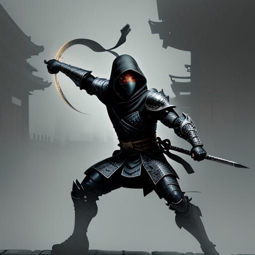 Dark Ninja Throws A Shining Coin in Ancient Alleyway