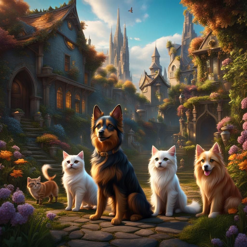 Cute Dogs and Cats in Detailed Matte Painting
