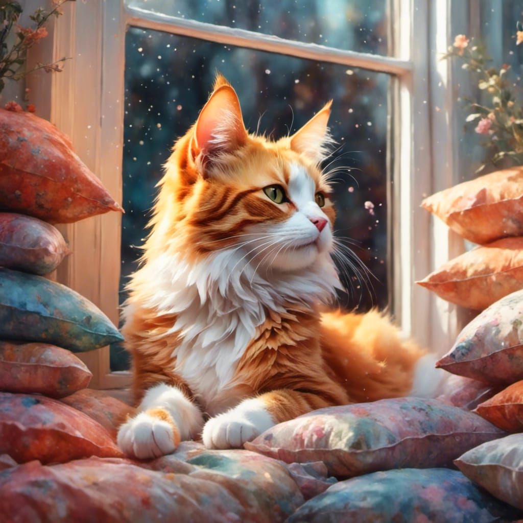 Orange Cat on Pillows in Soft, Realistic Style