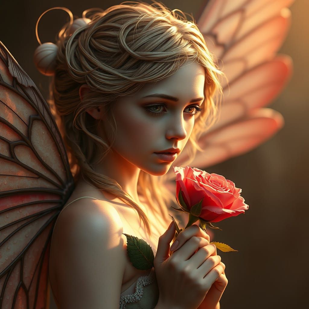 Ethereal Fairy with a Delicate Rose in a Golden Glow