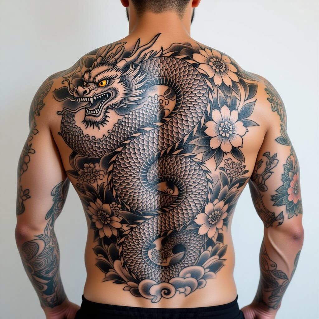 Detailed Blackwork Chinese Dragon Tattoo