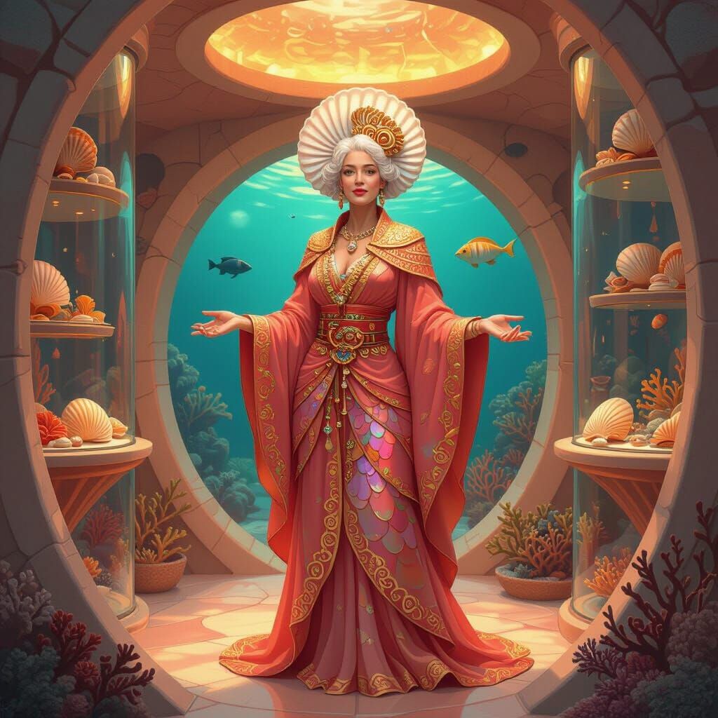 Iridescent Scaled Woman in Coral Chamber, Digital Art
