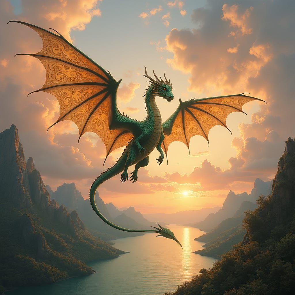 Golden Hour Winged Dragon Soars Through Ethereal Landscape