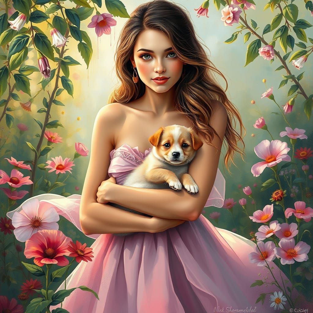 Whimsical Portrait of a Young Woman with a Puppy in a Lush G...