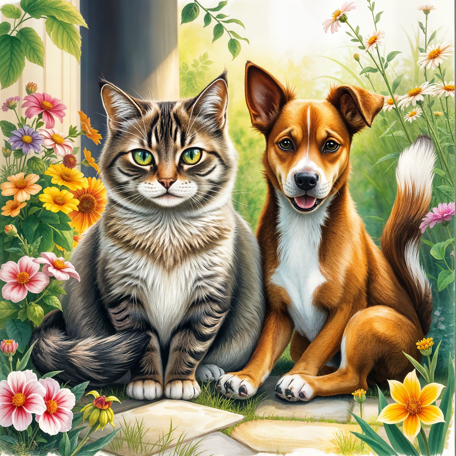 Surreal Whimsical Garden Scene with Cat and Dog