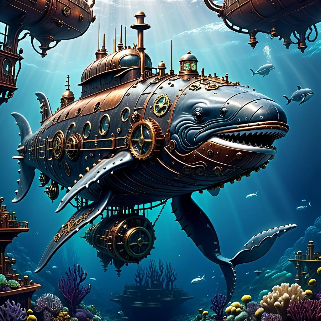 Steampunk Whale Submarine in Ocean Depths