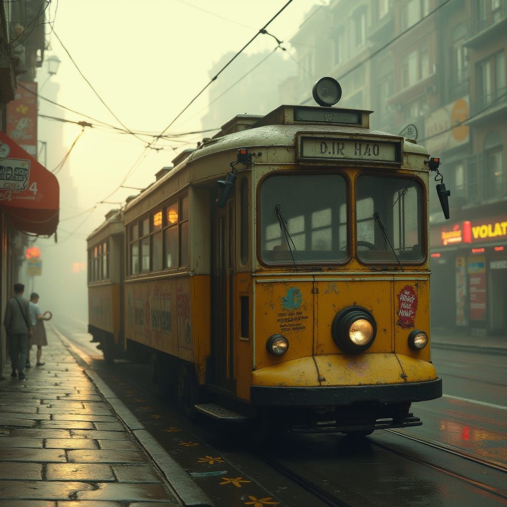 Vintage Trolleybus in Misty Cityscape