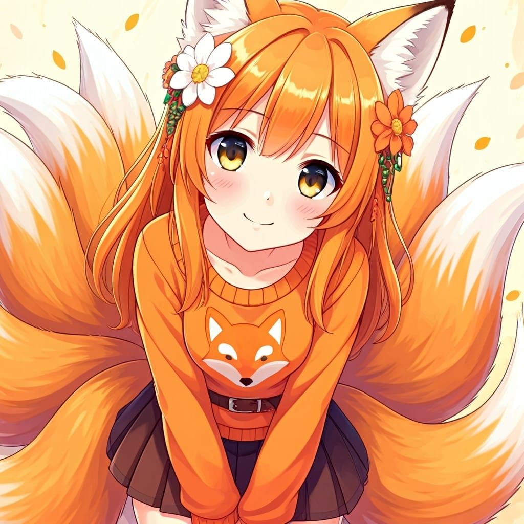 Anime Fox Girl with Flowers in Hair, Manga Style