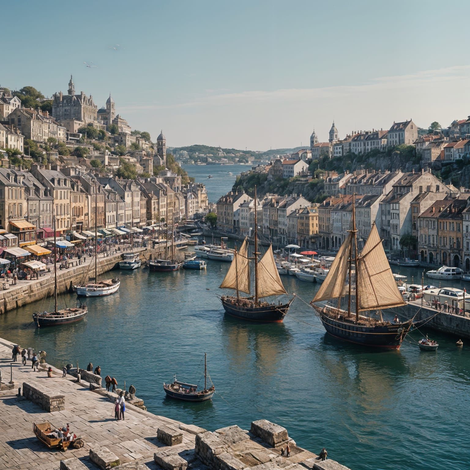 Ancient Harbor and Sail Ships in Analog Style