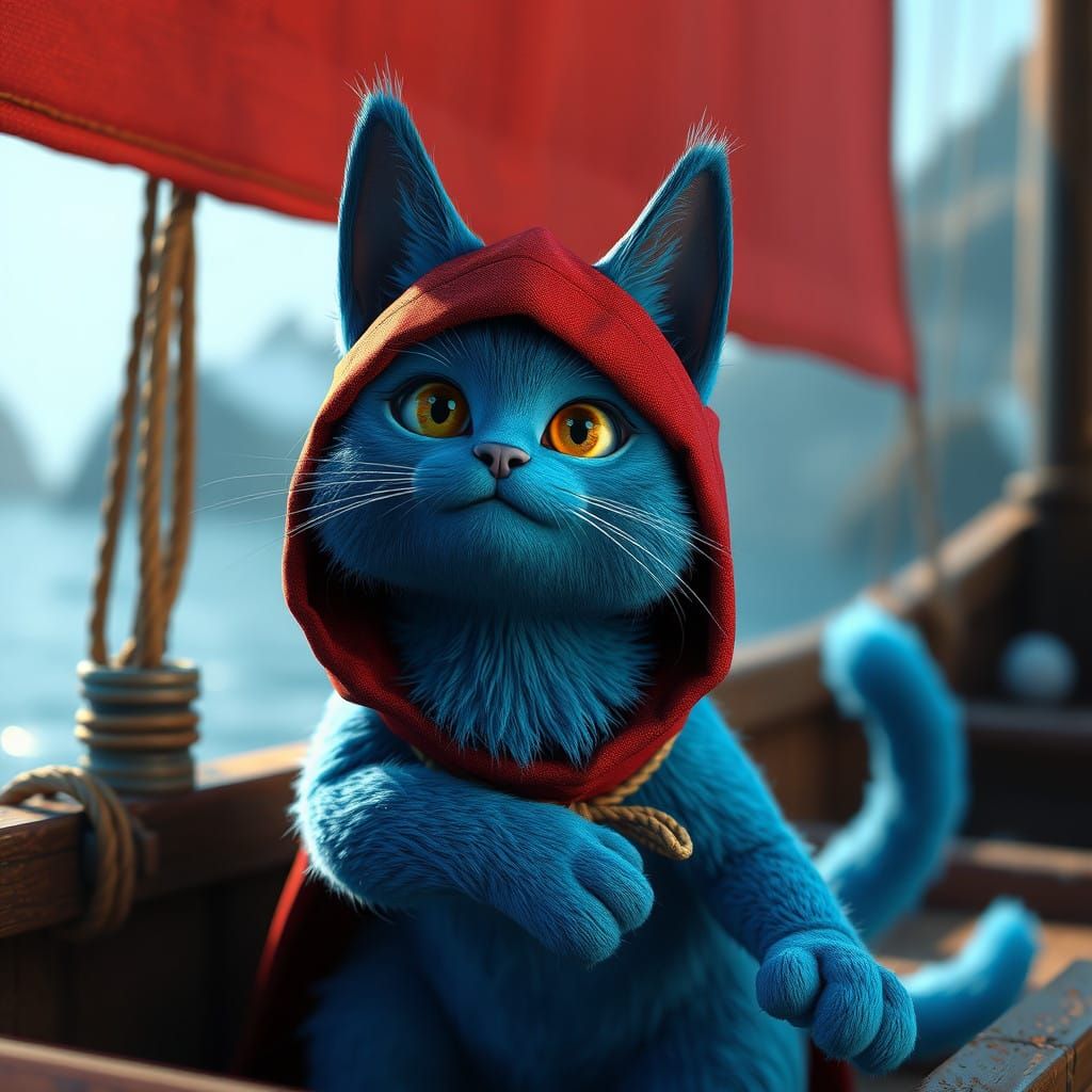 Epic Blue Cat on Majestic Boat in 3D Cinematic Style