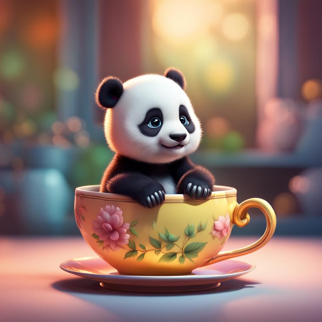 Cute Panda in Teacup: 3D Digital Art Illustration