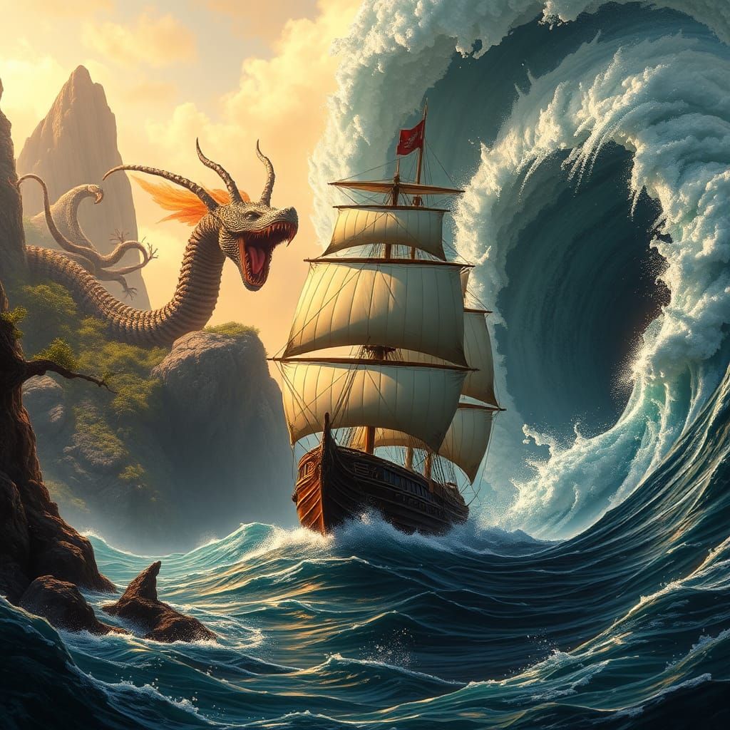 Baroque Ship Navigates Monsters as Matte Painting