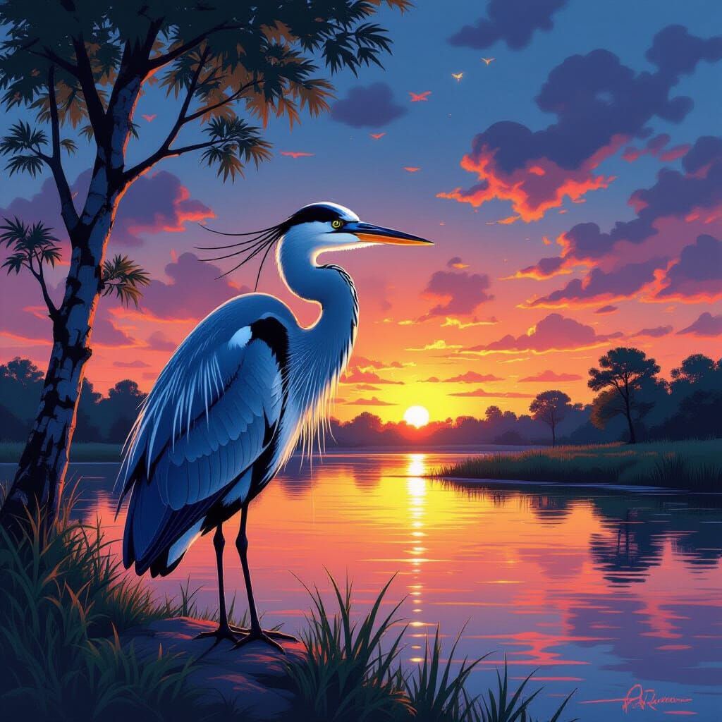 Graffiti Art Heron in Twilight Embrace