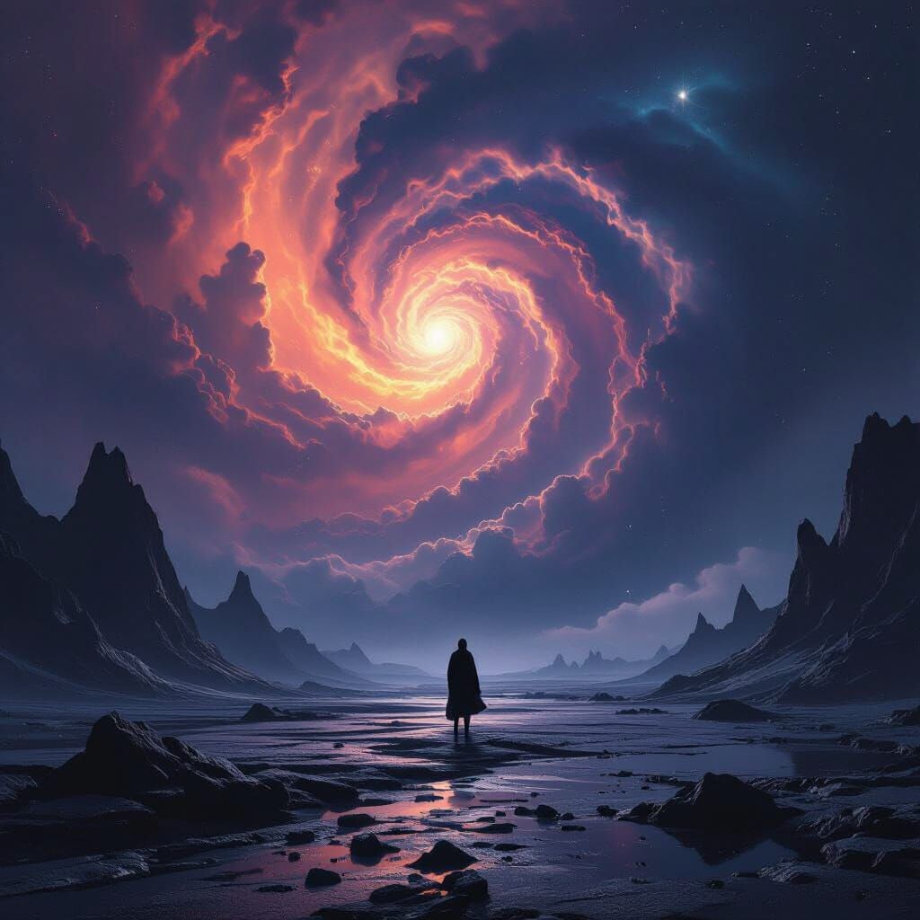 Alien Planet Figure Gazing at Swirling Cosmic Nebula