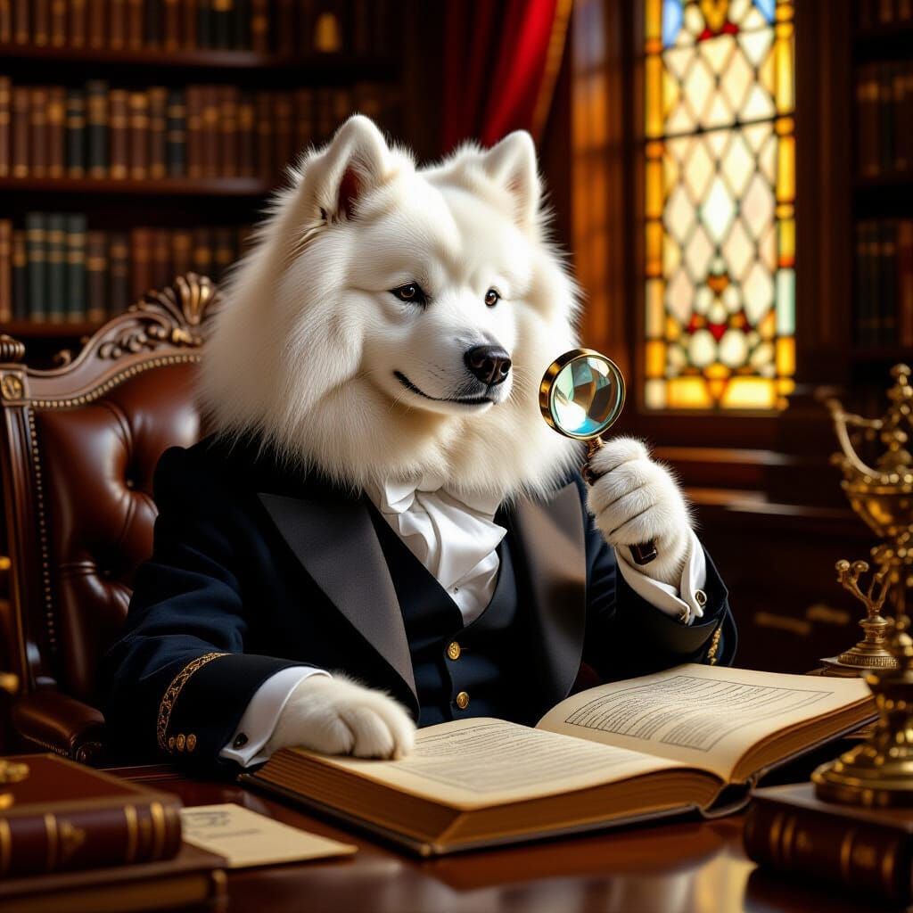 Samoyed Gentleman in Library: A Classical Portrait