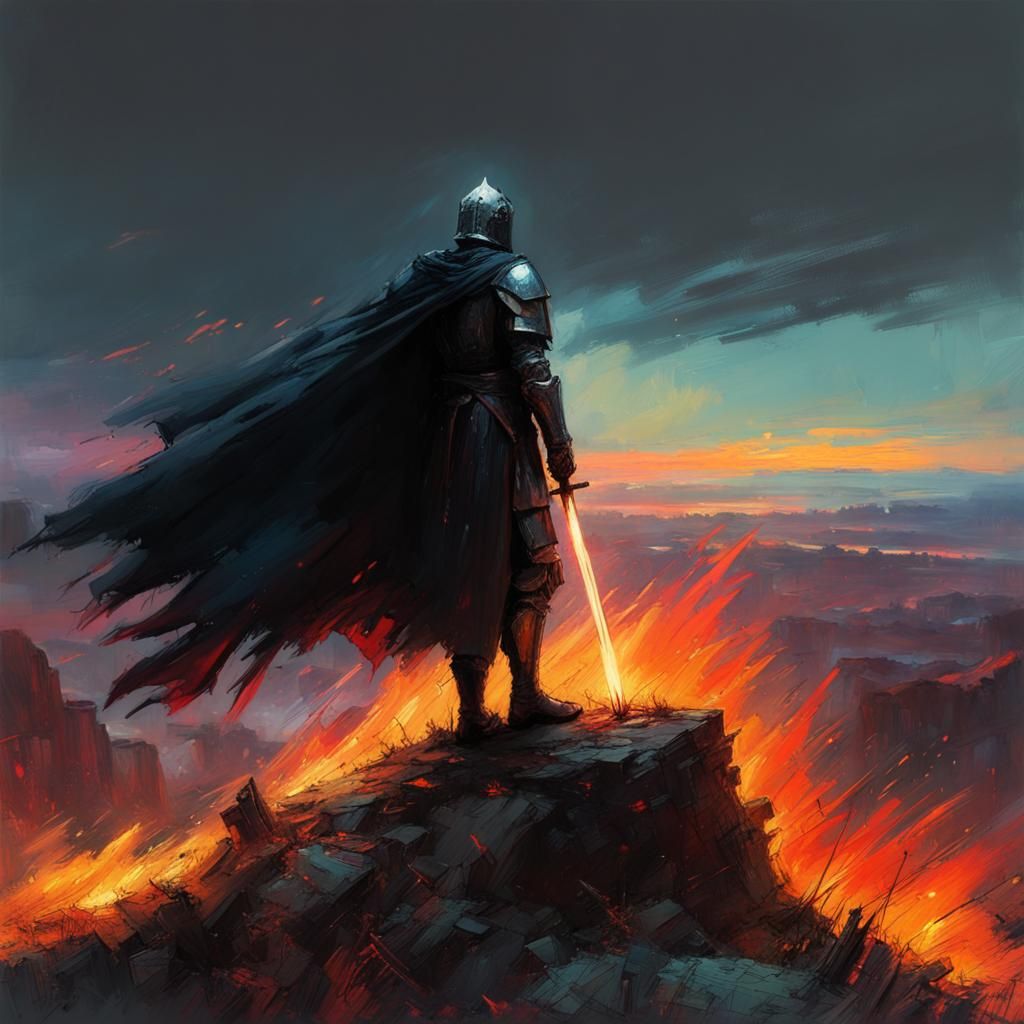 Knight on Hill with Flaming Sword: Fine Art