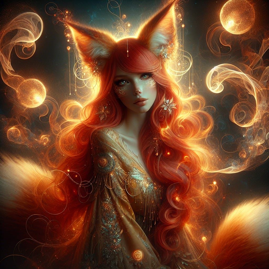 Ethereal Fox Spirit in Golden Robes Radiates Mystical Beauty