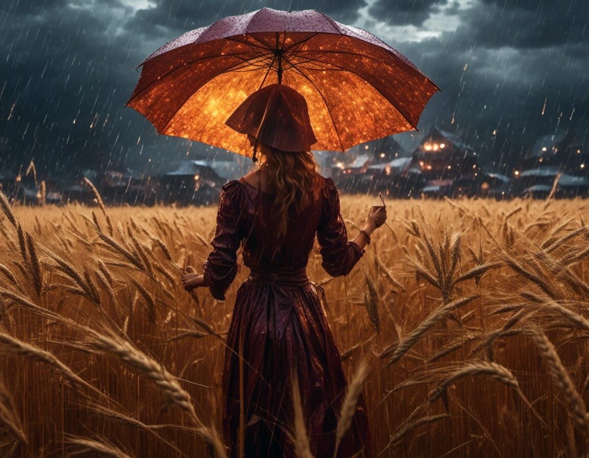 Woman in Wheat Field with Umbrella: Fantasy Matte Painting