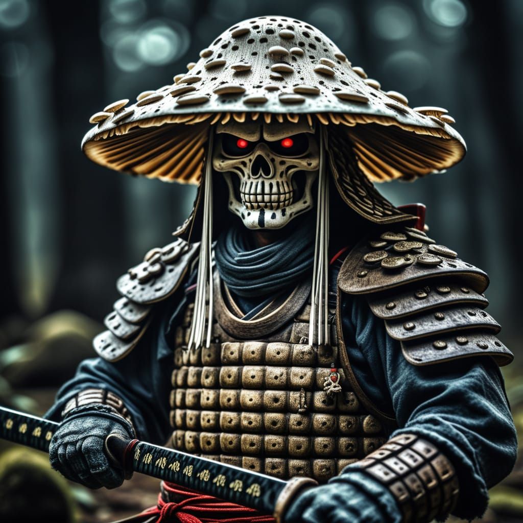 Hyperrealistic Samurai Warrior in a Dreamlike Mushroom Realm