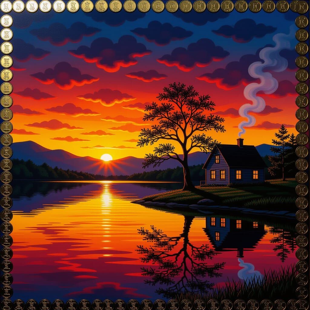 Sunset Over Tranquil Lake with Mosaic Tree and House