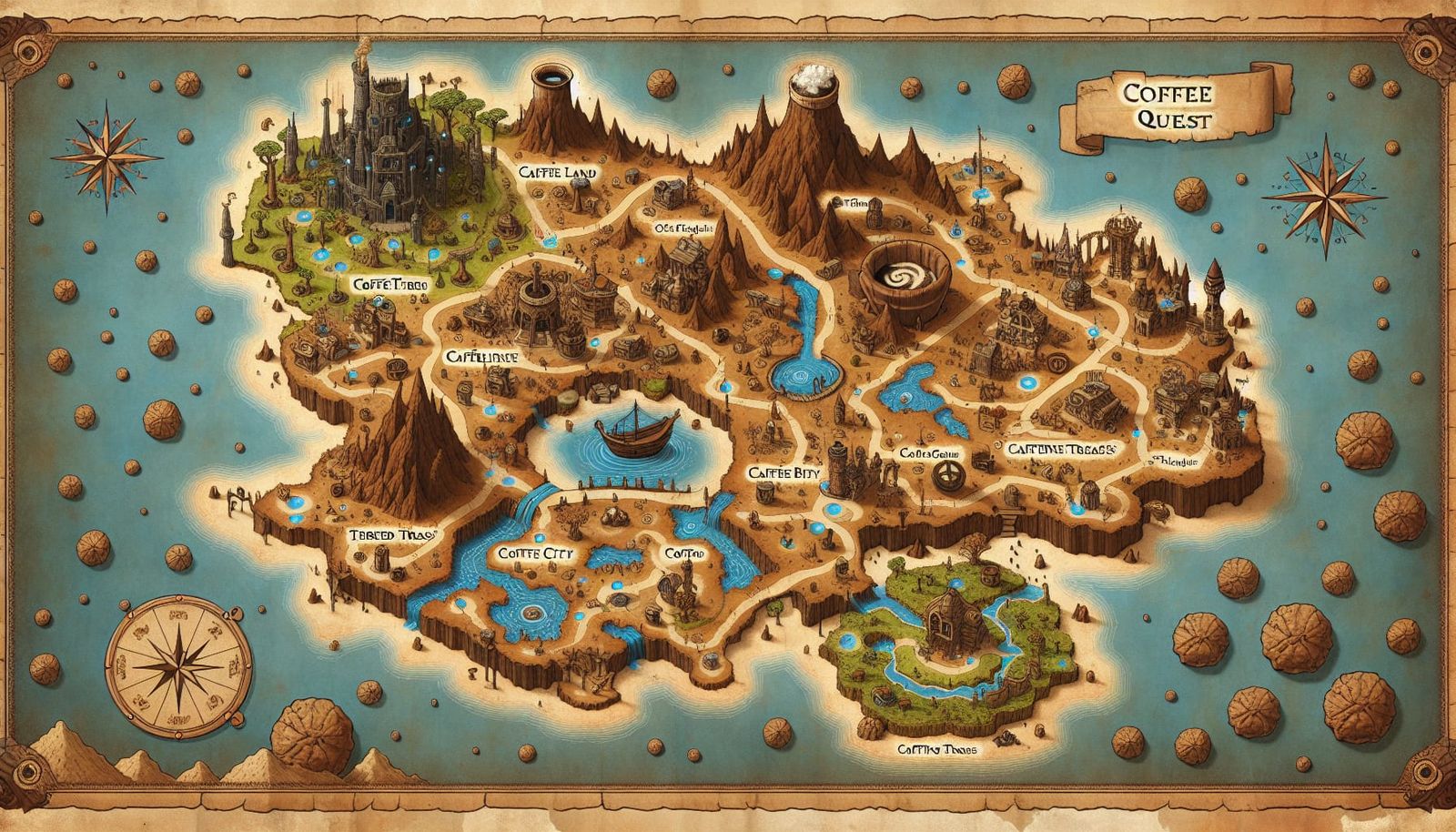 Whimsical 3D Render of 'COFFEE QUEST' Coffee Map