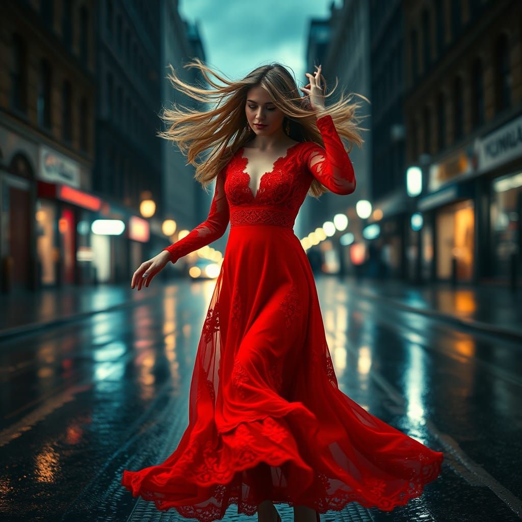 Woman in Red Dress Dancing in City Street