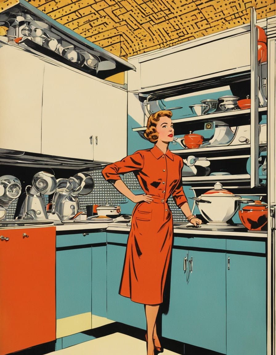 Retro-Futuristic Housewife in a Techno-Kitchen Utopia