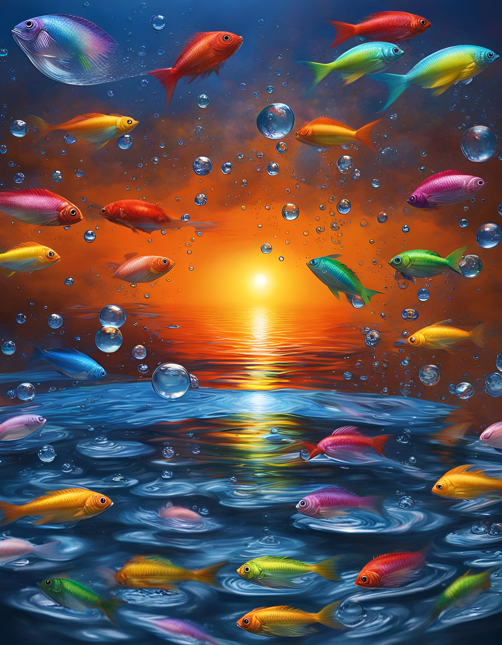 Rainbow Waterfall with Fish in Droplet: Hyperrealistic Splas...