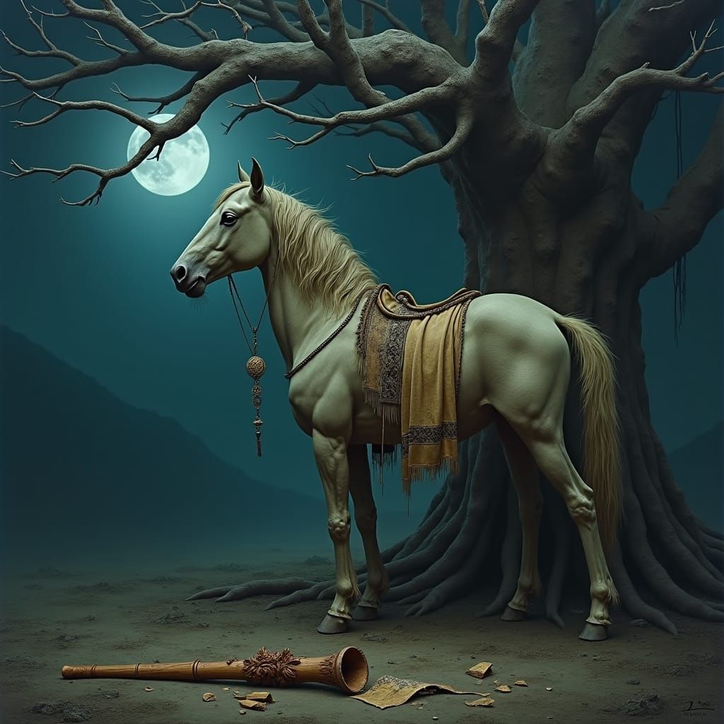Sorrowful Centaur Beneath Indigo Moon, Hyper-Realistic