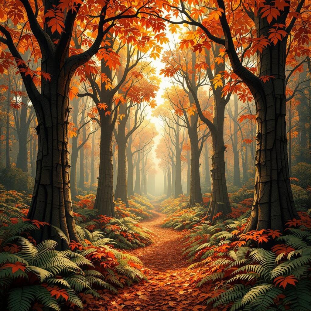 Art Deco Autumn Forest of Leaves and Ferns