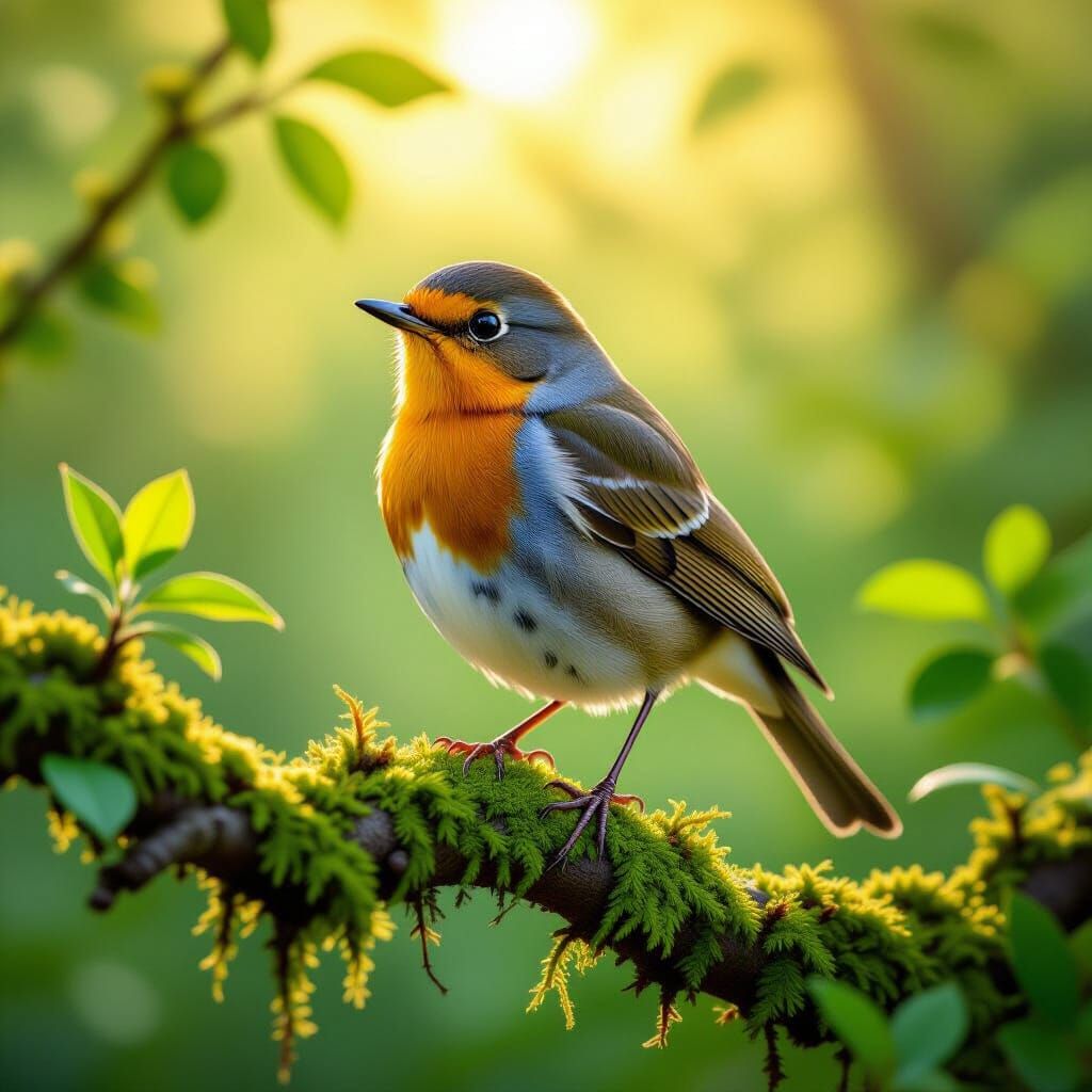 Robin Perched on Branch in Sunlight, Audubon Style