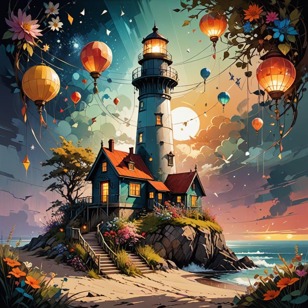 Magical Lighthouse on Golden Beach at Sunset