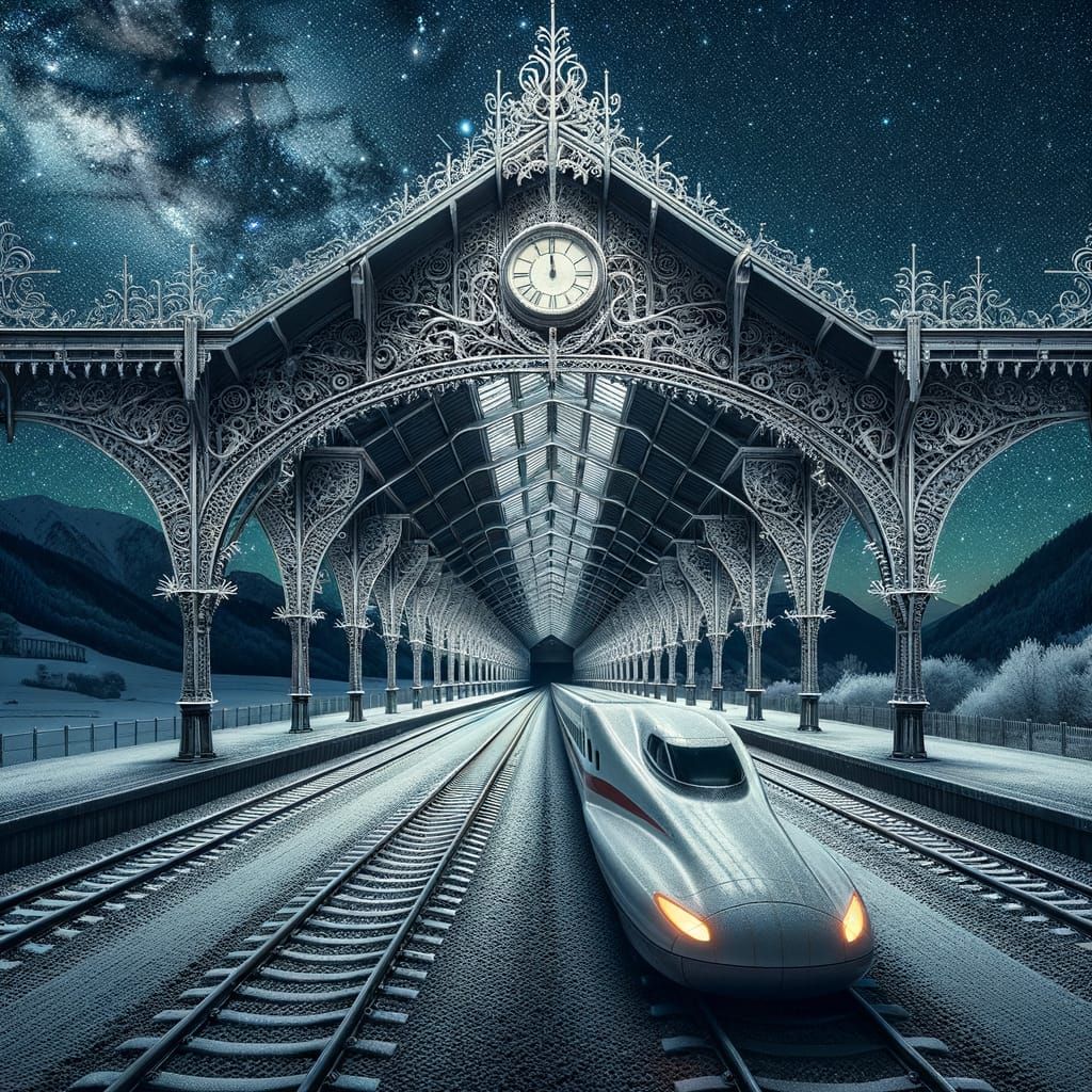 Frosty Iron Railway Station Under Starry Night