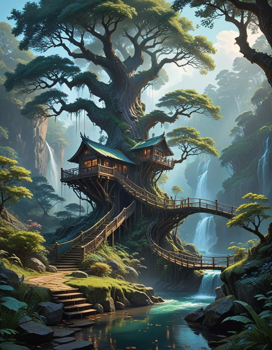 Ethereal Fantasy Landscape with Ancient Tree and Tranquil Wa...