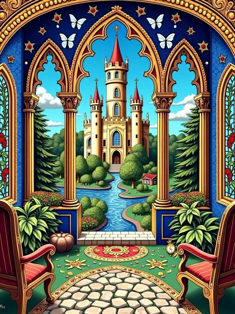 Majestic Renaissance Castle Keep in Vibrant Needlepoint Art
