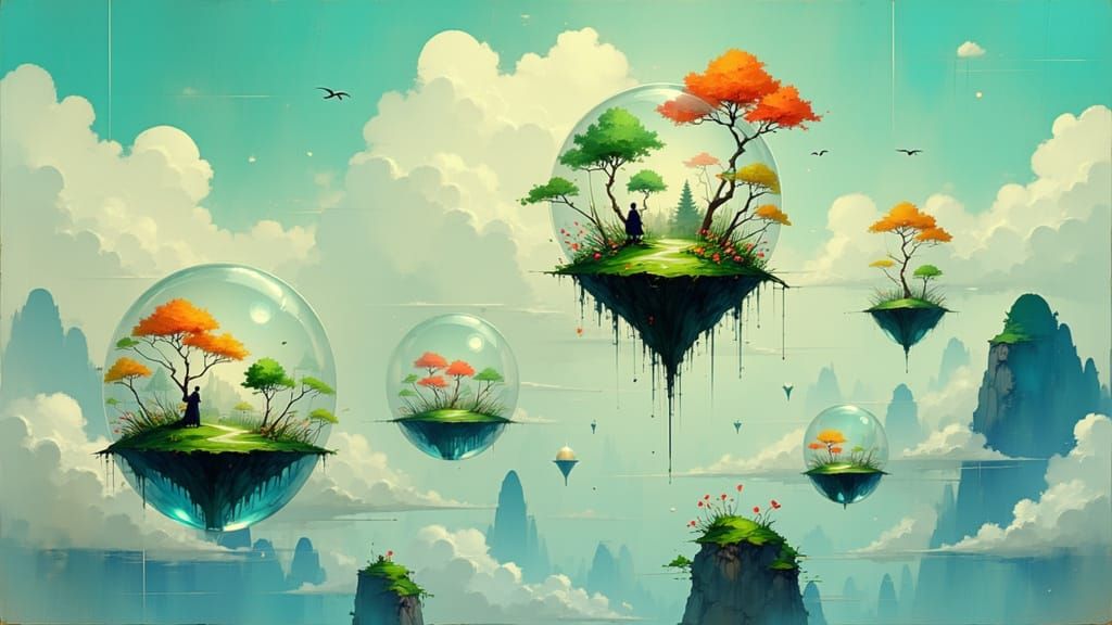 Surreal Floating Landscape with Crystal Ecosystem Bubbles