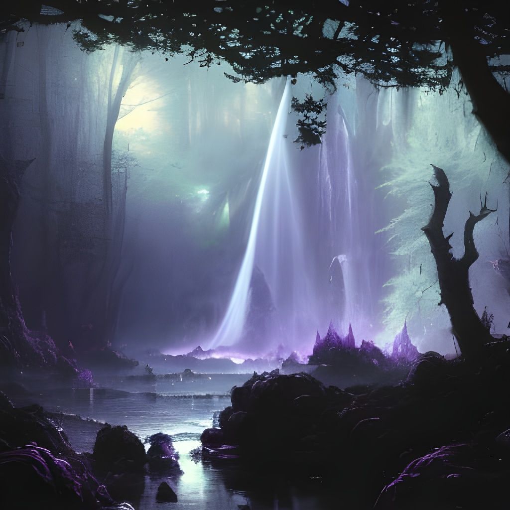 Purple Waterfall in Dark Fantasy Forest