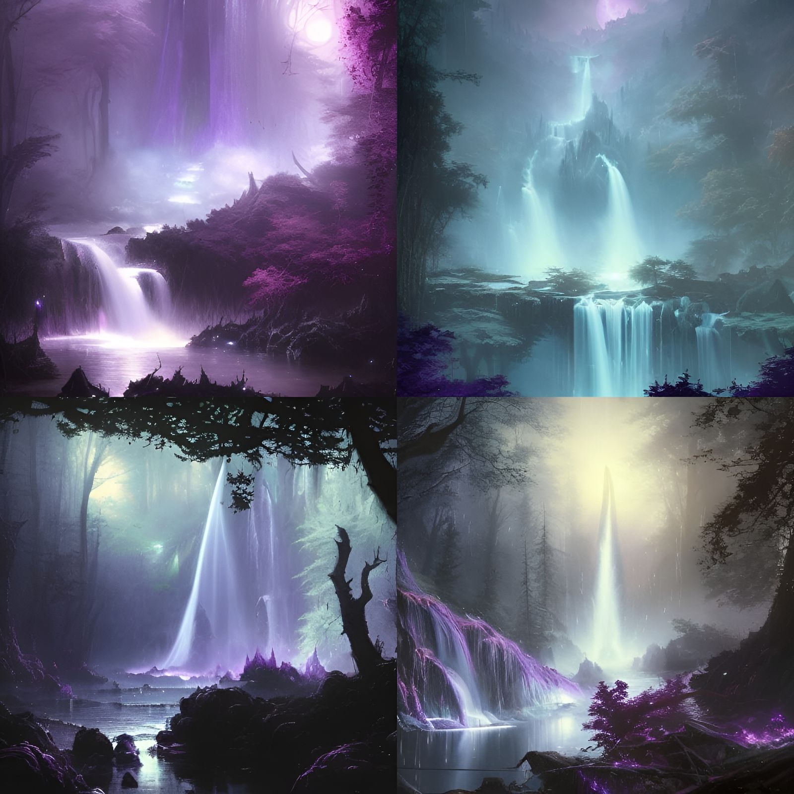 Purple Waterfall in Dark Fantasy Forest Concept Art