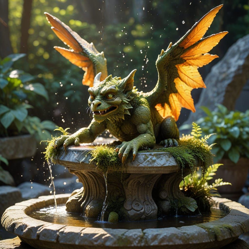 Mossy Gargoyle Bird Bath in Golden Light