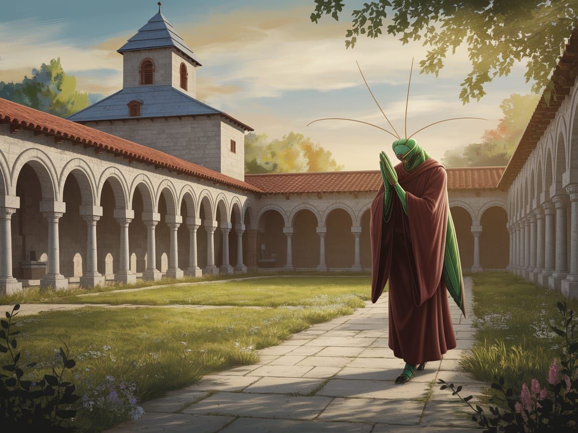 Monk Praying Mantis in Monastery Courtyard