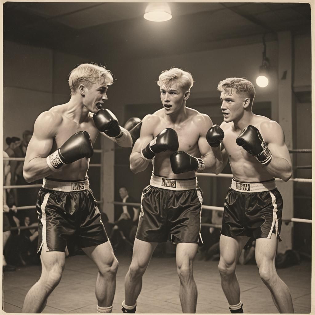 1950s Style: Two Blond Boxers Sparring in Gym