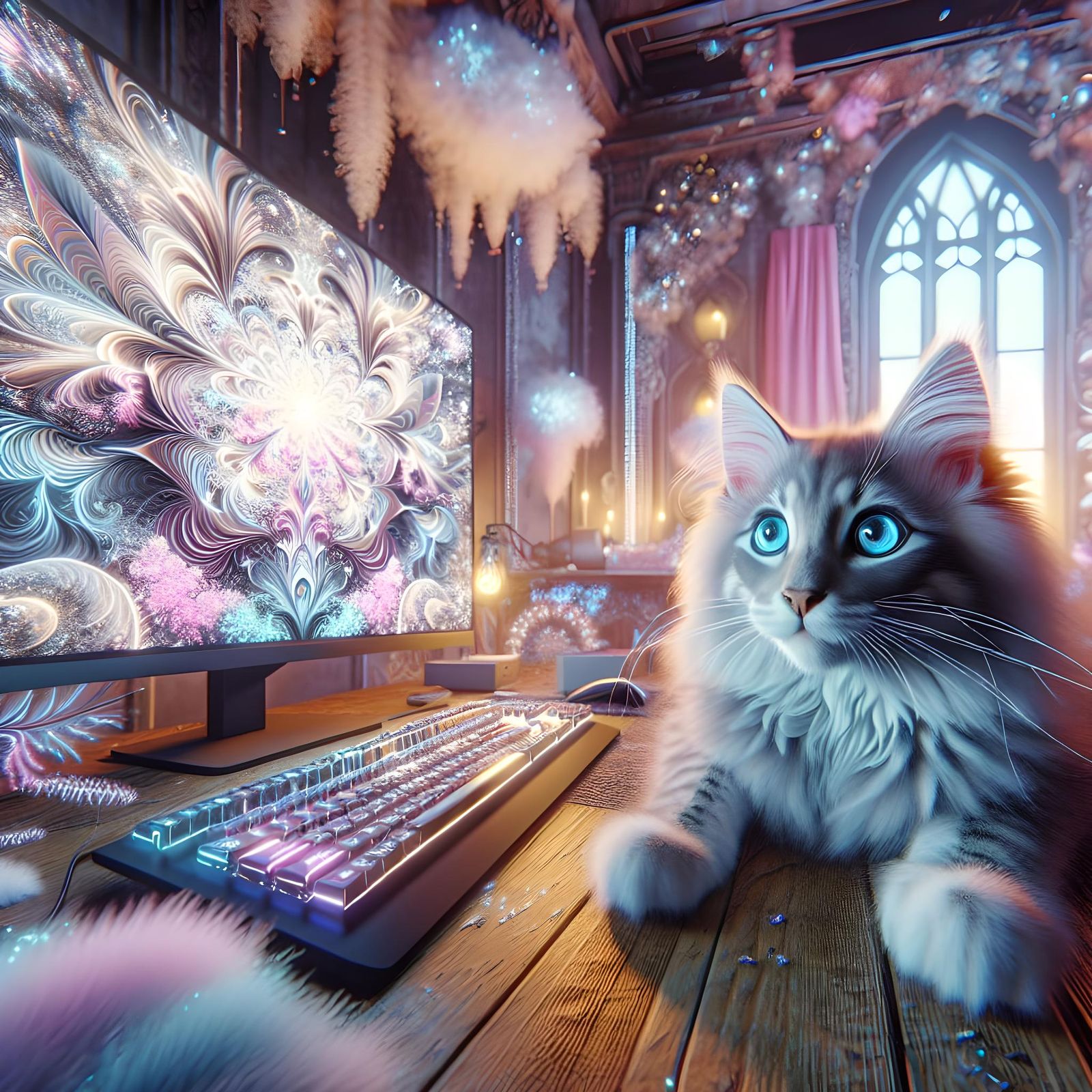 Cyberpunk Siberian Maincoon Cub in Pastel Room