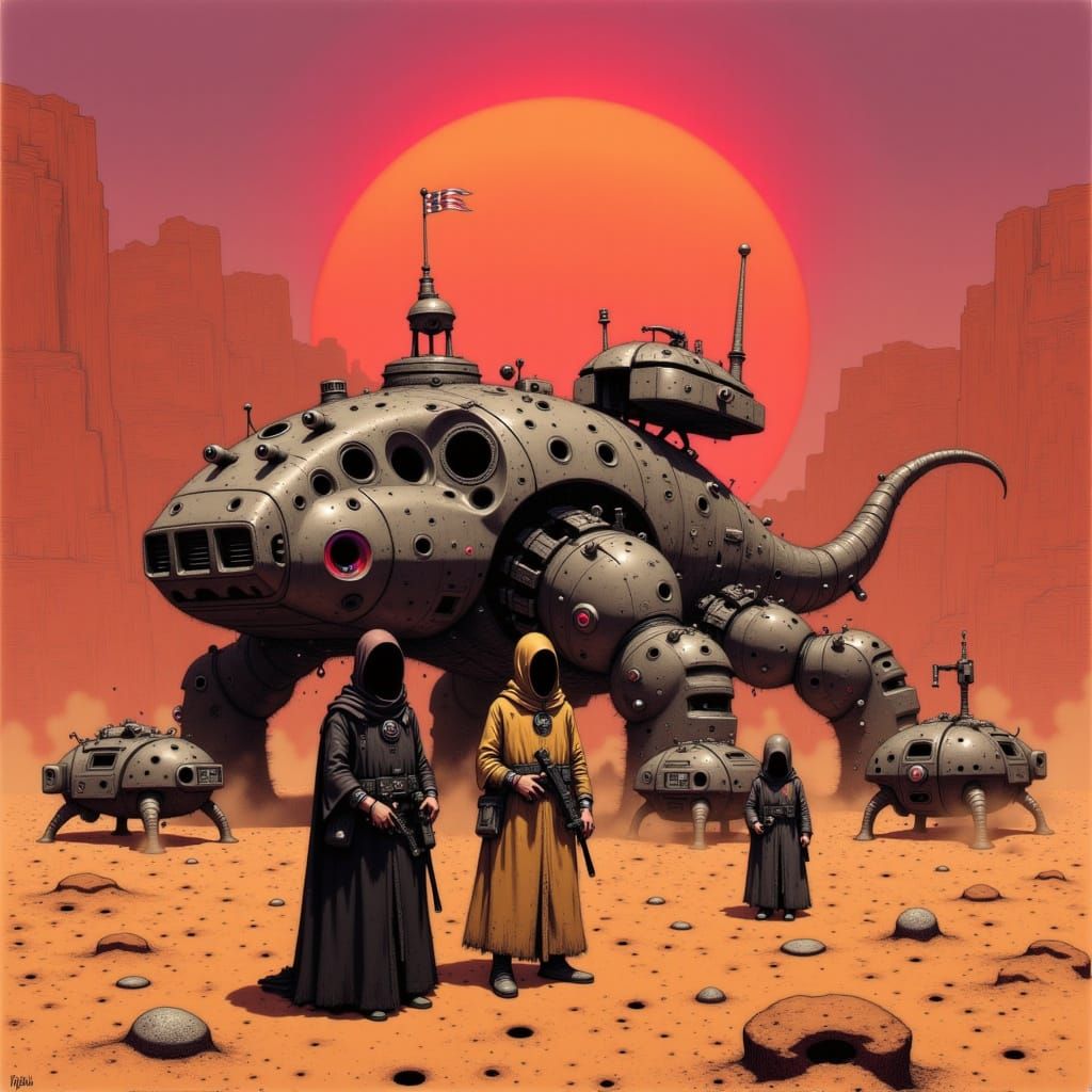 Hooded Jawas in Desert Wasteland: Sci-Fi Nomad Art