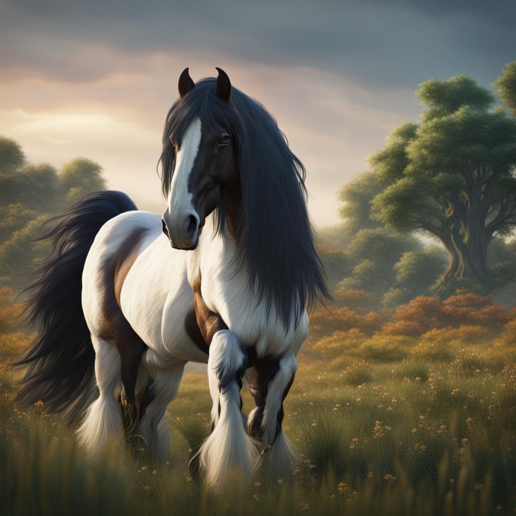 Beautiful Gypsy Vanner Horse in Grassy Field