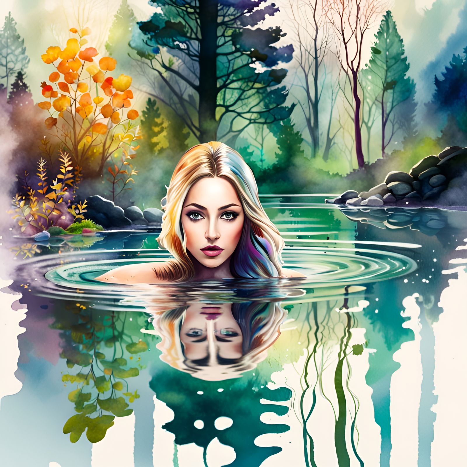 Enchanted Pond: A Watercolor Painting of a Woman