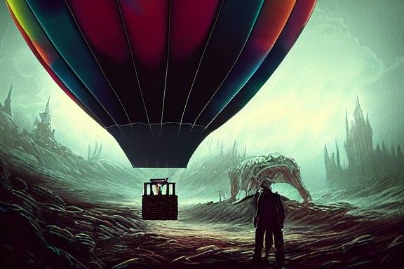 Skull Hot Air Balloon Over Dystopian Zombie Landscape
