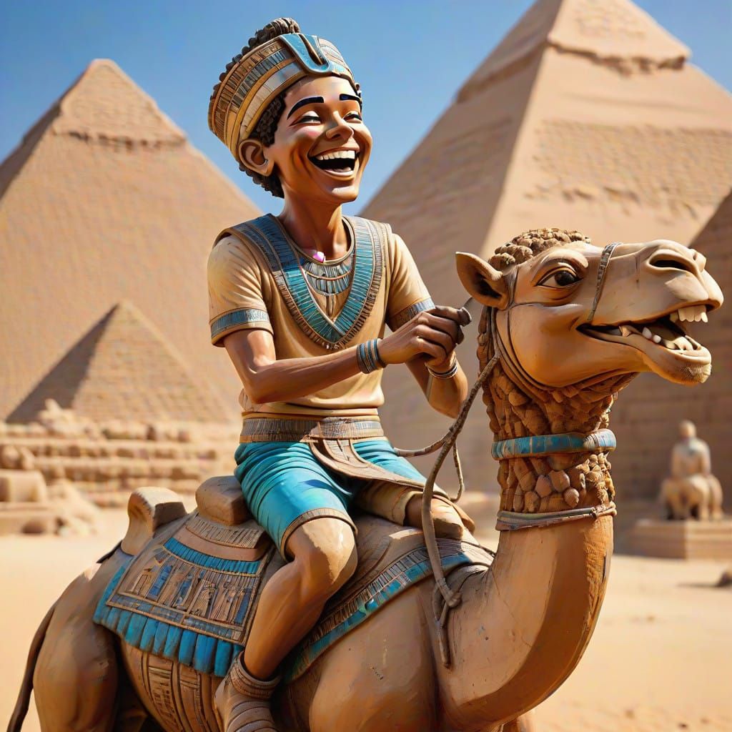 Vibrant Egyptian Boy on Camel in Clay Pyramid Scene